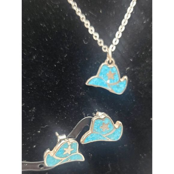 Silver-tone Cowboy Hat Necklace and Earrings Set - 16" inches - Picture 2 of 5